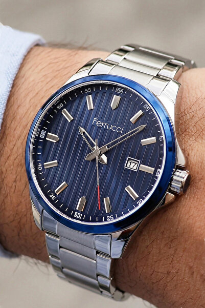 Ferrucci ساعة يد رجالية أصلية باللون الأزرق الداكن والفضي مع تقويم 190016