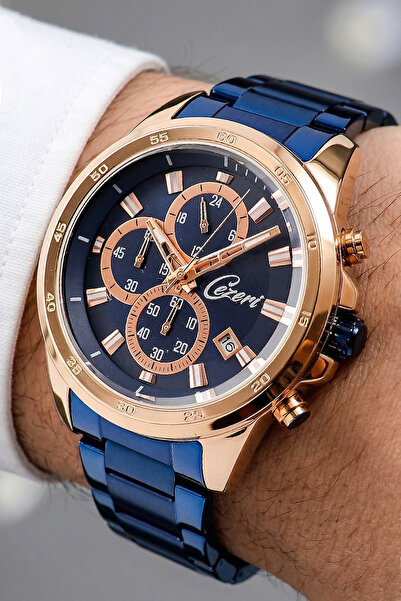 Men's Navy Blue Copper Stopwatch with Original Function Calendar