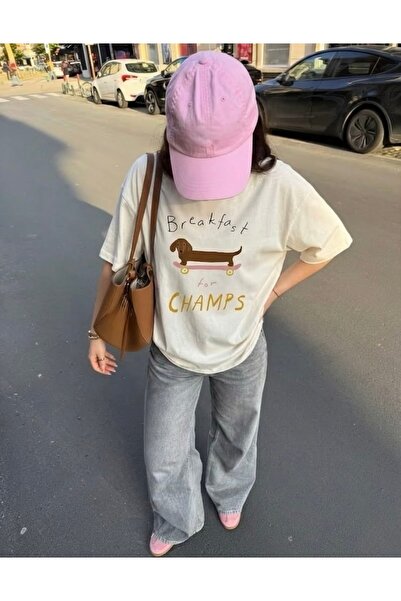 Disante Breakfast Champs Printed Crew Neck Oversize Trendy Women's T-Shirt