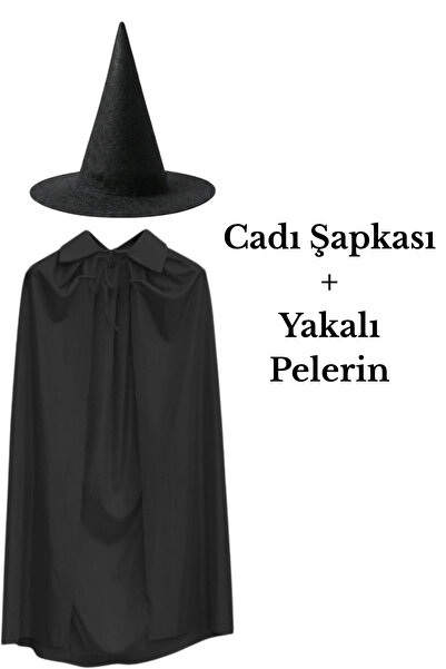 ReilaParty Cadı Şapkası ve Yakalı Pelerin 2'li Kostüm Seti Parti Aksesuarı