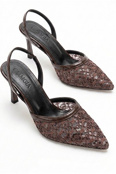 Giamgia Kadın Kahverengi Dantel İşlemeli Sivri Burun Stiletto Gelin Abiye Top...