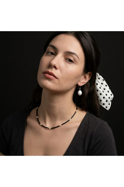 Ezera Κολιέ τσόκερ Lenny με Μαύρο Αχάτη και Μαργαριτάρια, Επιχρυσωμένο με 18Κ...