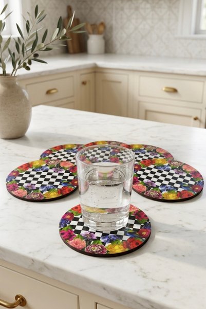 nesnelgift Vintage Floral Checkered Coasters Set of 6 - Uv Printing, 3 mm Mdf Decorative Coaster Y35