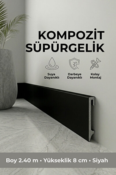 AGK Espumo Kompozit Süpürgelik 8 cm Siyah | Suya, Neme, Darbeye Dayanıklı Süp...