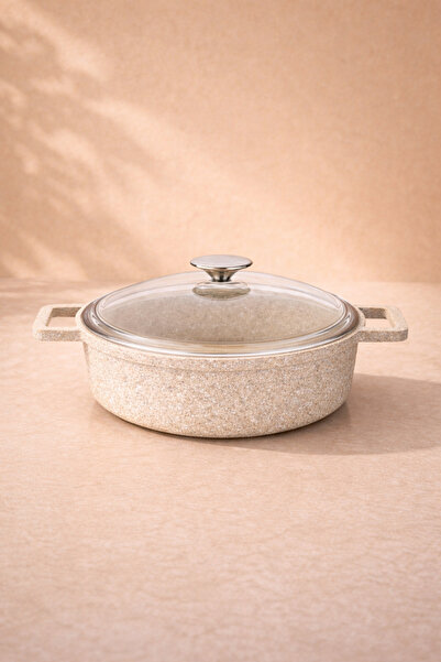 LAVONNI Elexsus 26 cm Cast Granite Flat Pot Non-Stick with Cappuccino Glass Lid