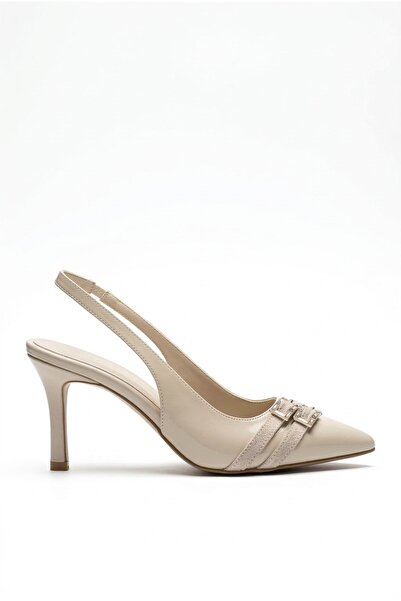 JOİN POLO Kadın Bej Rugan Çift Toka Detaylı Bantlı Sivri Burun Stiletto Topuk...