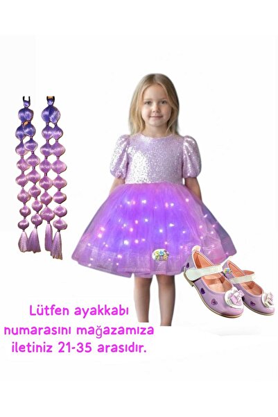 3b kids payetli mor ışıklı elbise kostüm + mor bubble saç + mor babet seti ku...