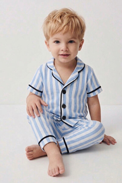 Rocha Baby Rocha Çocuk Mavi Beyaz Çizgili Pijama Takımı - Siyah Biyeli Düğmel...