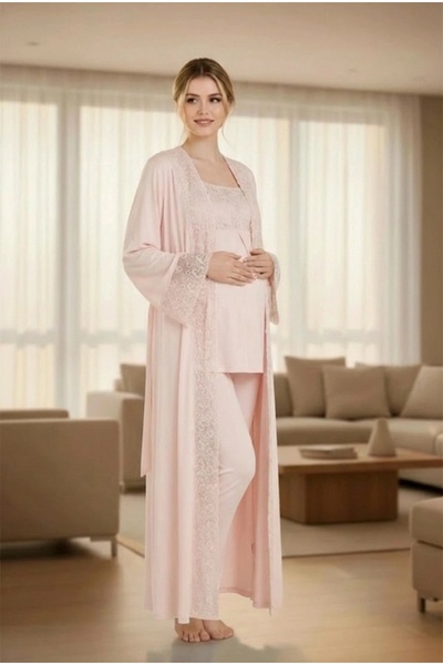 LOHOUSE Kadın Ekru Özel Tasarım Dantelli Lohusa Sabahlıklı Hamile Pijama Takı...