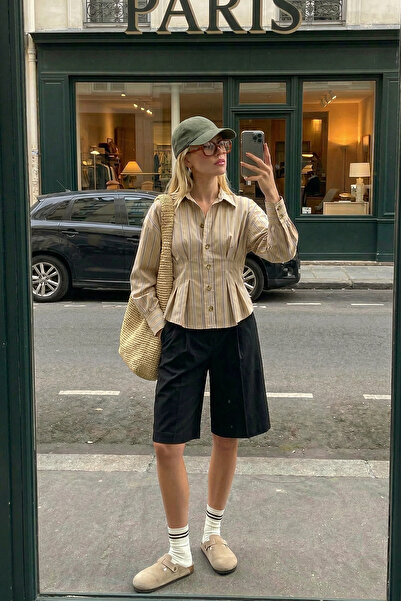 Quzu Ριγέ Πουκάμισο που εφαρμόζει στη μέση Μπεζ