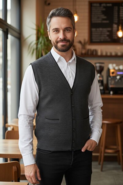 Kamalı Erkek Gri V Yaka Triko Düğmeli Cepli Çizgi Desenli Regular Fit Tüylenm...