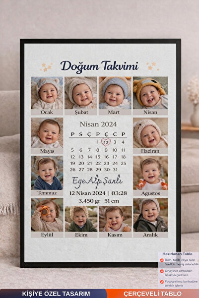 Bugucreative Kişiye Özel Doğum Takvimi Çerçeveli Tablo,Bebek Takvimi,Kişiye Ö...