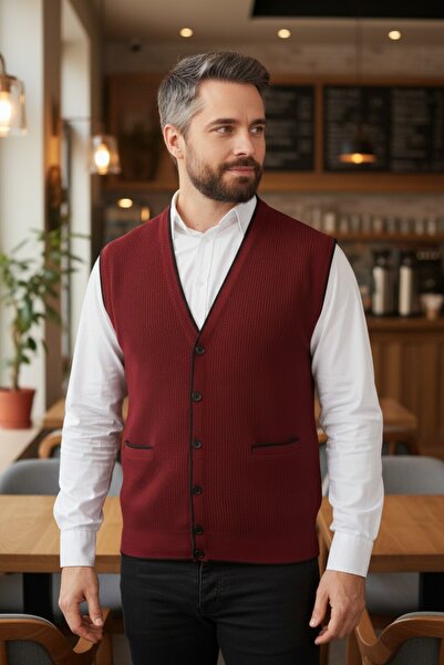 Kamalı Erkek Bordo V Yaka Triko Düğmeli Cepli Çizgi Desenli Regular Fit Tüyle...