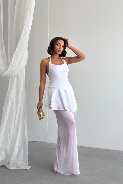 NEW JOURNAL Γυναικείο φόρεμα μάξι με λευκό λουράκι λαιμού και βολάν Τούλι YEL...