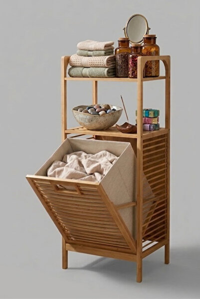 Bamboo Laundry Basket Shelf 2 Shelves Natural Wooden Bamboo Bathroom Shelf Bathroom Organizer Dirty Basket