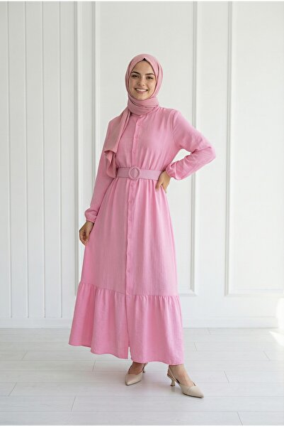BENAHOLL Miressa Boydan Düğmeli Kemerli Çilek Elbise-PE620 Pembe