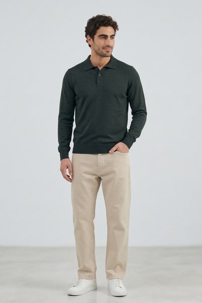 hateko Pure 100% Cotton Khaki Polo Collar Knitwear Sweater