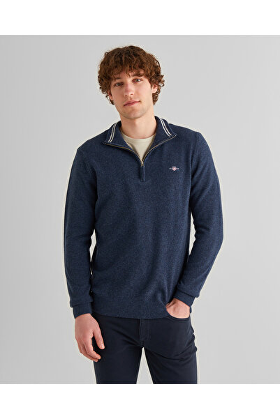 Gant Erkek Lacivert Regular Fit Yarım Fermuarlı Yün Kazak