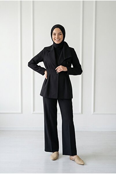 BENAHOLL Σετ παντελονιού με μονόκουμπο πλισέ μπουφάν από φύκια-HK0071 Μαύρο