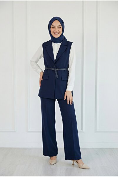 BENAHOLL Costum de vară cu vestă cu un singur nasture și pantaloni-HK0053 Ble...