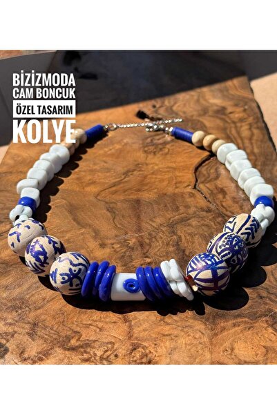 bizizmoda Cam Boncuk Afrikan Bohem Tarz Cam Boncuk Göz Kolye Ahşap Tasarım Cam Boncuk Mavi Kolye