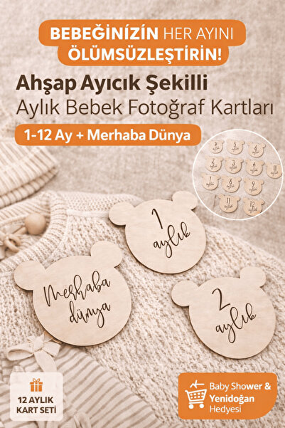Tovo Craft Ahşap Ayıcık Aylık Bebek Fotoğraf Çekim Kartları 1-12 Ay + Merhaba...