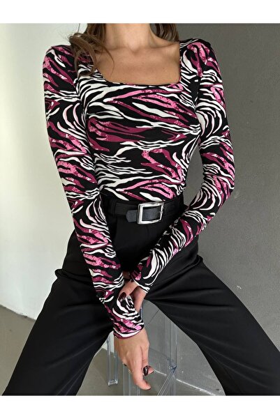 mydukkan.co Square Collar Patterned Blouse Pink Ebruli - Pink