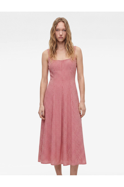 Koton Φόρεμα με τετράγωνο γιακά, αμάνικο, από ύφασμα γκοφρέ μείγμα βισκόζης, ...