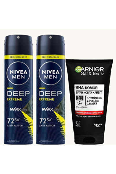 NIVEA Men Erkek Sprey Deodorant Deep Extreme 150 Ml 2 Adet + GarnierSiyah Nok...