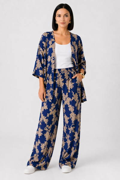 trendalisse Σετ γυναικείο κιμονό Palazzo με μπλε σχέδιο - Φαρδύ πόδι
