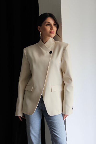 Julidress Κρεμ μπεζ σακάκι με ένα κουμπί, λεπτομερές ασύμμετρο γιακά και prem...