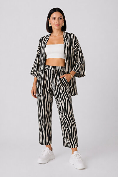 trendalisse Kadın Zebra Desenli Kimono alt üst takım