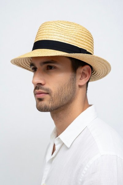Mollycrush Unisex Beige Straw Fedora Hat with Black Trim |   Summer Stylish Model One Piece