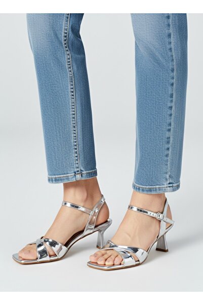 Long Star Γυναικεία ασημένια πέδιλα με τακούνι - Εμφάνιση καθρέφτη, χοντρό τα...