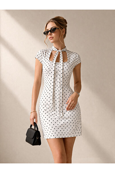 ZÉRIA Women's White Polka Dot Double Fabric Mini Dress – Stylish Summer Dress...
