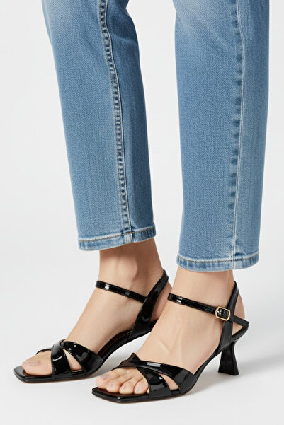 Long Star Γυναικεία μαύρα πέδιλα με τακούνι - Εμφάνιση καθρέφτη, χοντρό τακού...