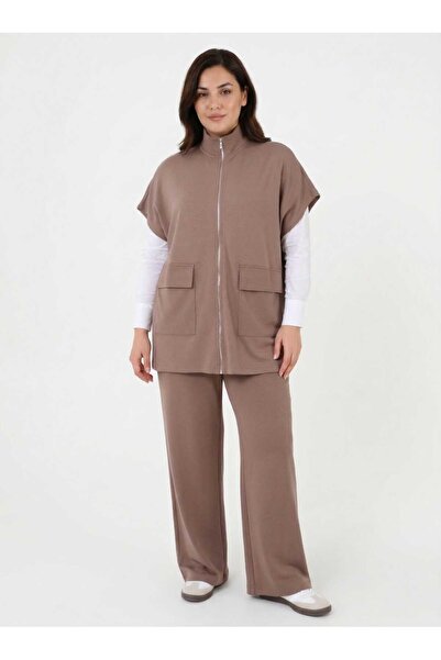ALİA Fermuarlı Kısa Kollu Yelek Detaylı Büyük Beden Takım - Vizon -