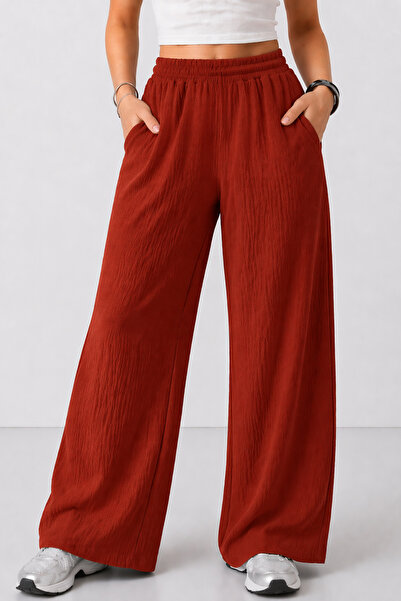trendalisse Γυναικείο κόκκινο ελαστικό παντελόνι με τσέπες με φαρδύ πόδι