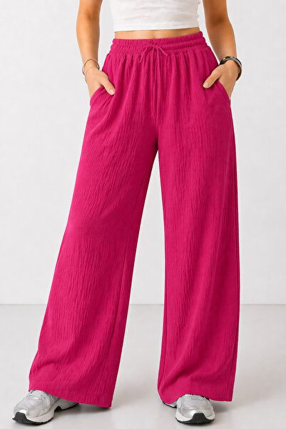 trendalisse Γυναικείο φούξια ελαστικό παντελόνι μέσης φαρδύ εποχιακό παντελόνι