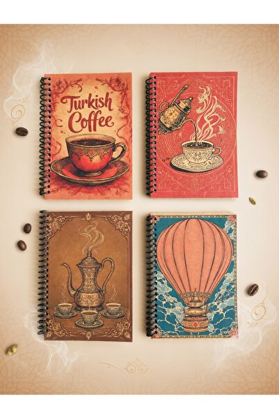 Pridas Türk Kahvesi Temalı Vintage Çizgisiz 4lü A6 Kraft Defter Seti
