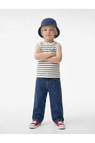 Koton Shark Embroidered Sleeveless Crew Neck Cotton Striped Tank Top