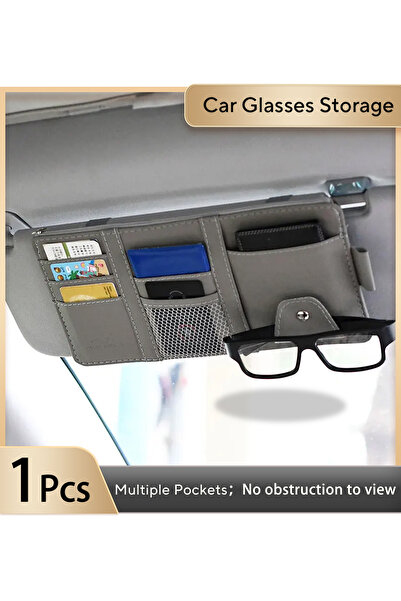 Grey Car Glasses Storage PU Leather Multi-Function Sun Visor Point Organizer Storage Pket Auto Sung