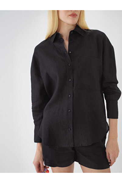 Xint Kadın Siyah %100 Keten Oversize Gömlek