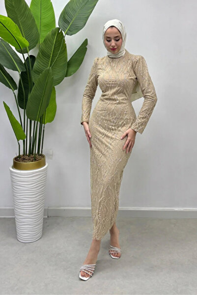 Tesettür Diyarı Μπεζ Τουρκικό Βραδινό Φόρεμα - Γυναικείο Κεντημένο