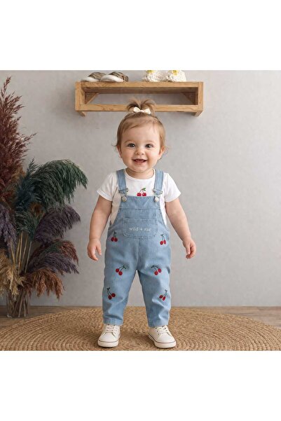 minilkabebe 0281 Kiraz Nakışlı Yumuşak Dokulu Denim Salopet & Tişört 6-9-12-1...