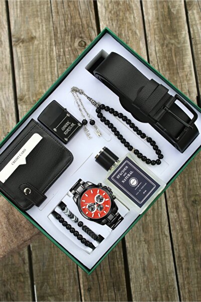 Men's Wrist Watch Perfume Lighter Belt Wallet Rosary and Bracelet Set