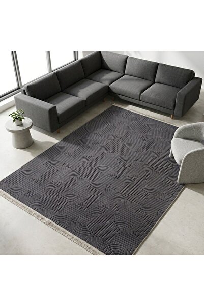 MELENA CARPET Modern Salon Halısı Premium Seri Emboss Kabartmalı Saçaklı Kaym...