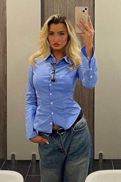 Hola Lady Μπλε ριγέ μακρυμάνικο πουκάμισο που εφαρμόζει στο σώμα HL150