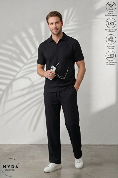 Nyda Collections Set pentru bărbați din țesătură otomană, cu tricou cu mânecă...
