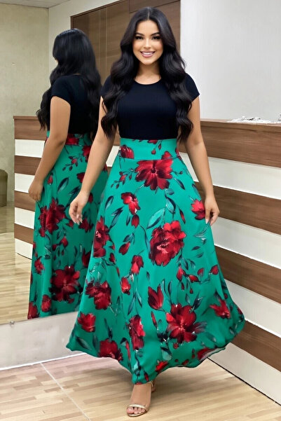 AZRA BUTİK Πράσινο φόρεμα βισκόζης - Μεγάλο μοτίβο τριαντάφυλλου